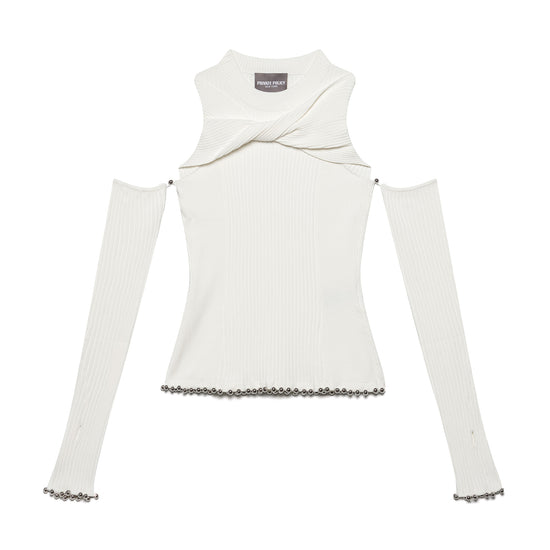 Twist Knit Top w/ Glove Sleeves - White